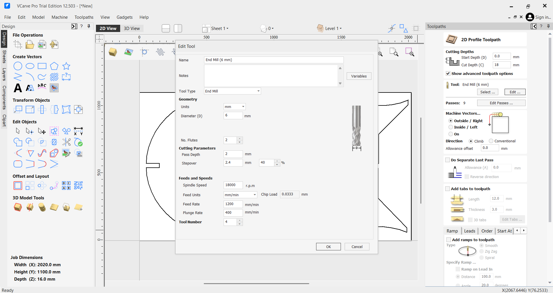 Tool selection in VCarve